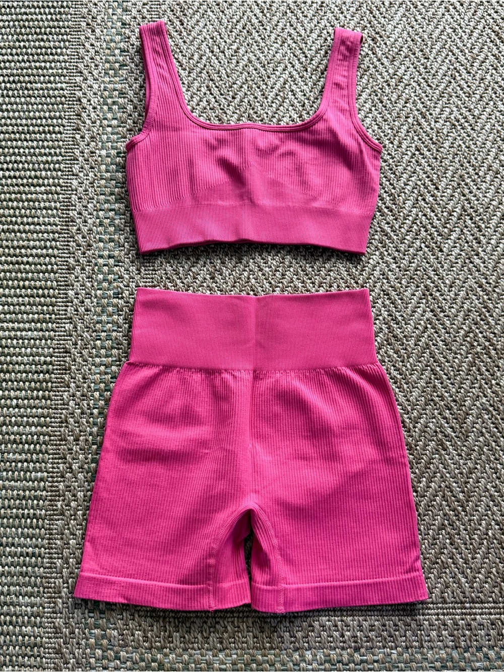 Pink Seamless Ribbed Crop Tank and High-Waist Shorts Set